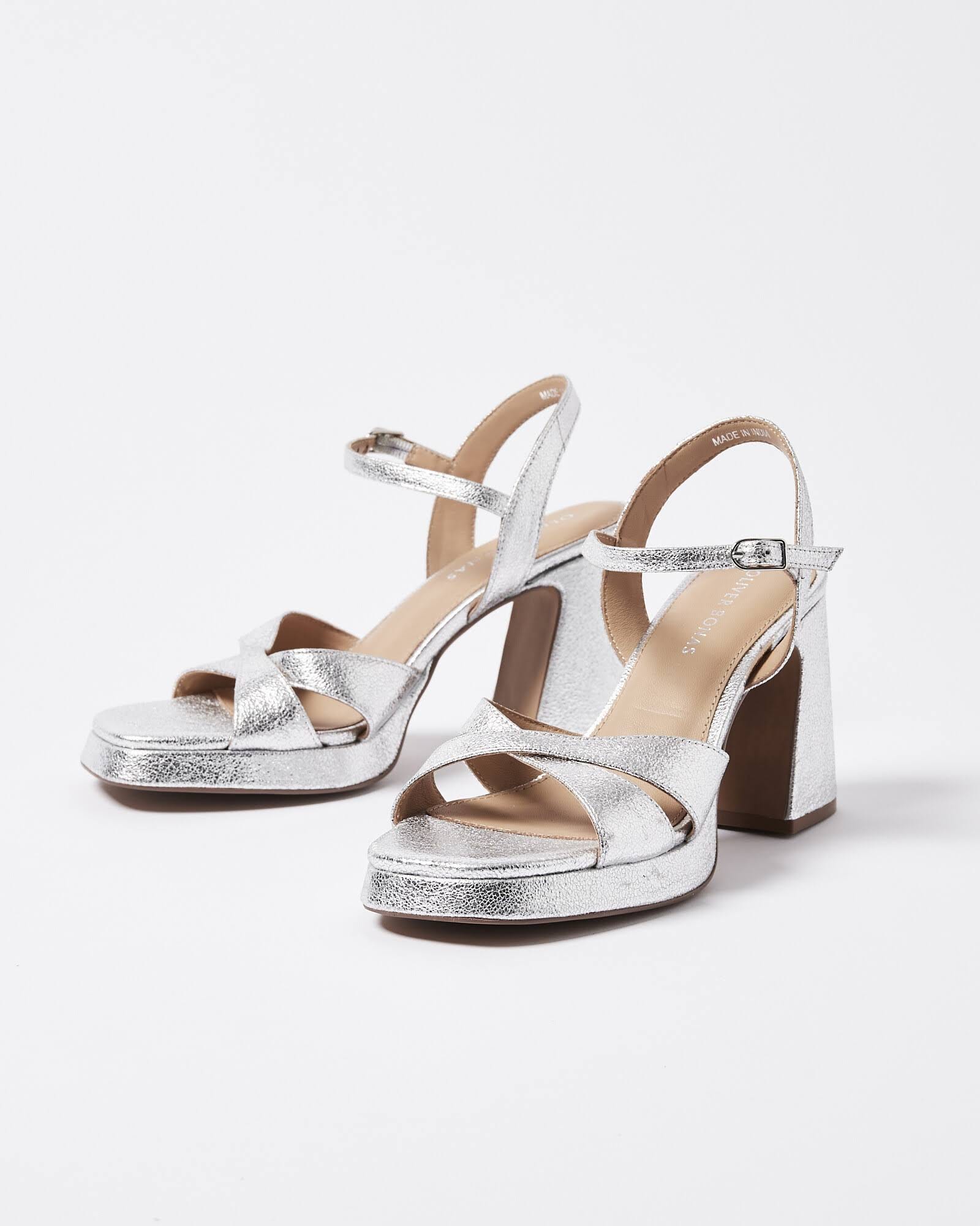 Shiny Metallic Heeled Platform Sandals with Crossover Strap | Image