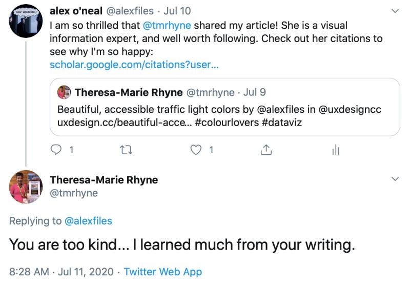 Twitter screen cap of data viz expert T.M. Rhyne saying she learned from the author. Eee!