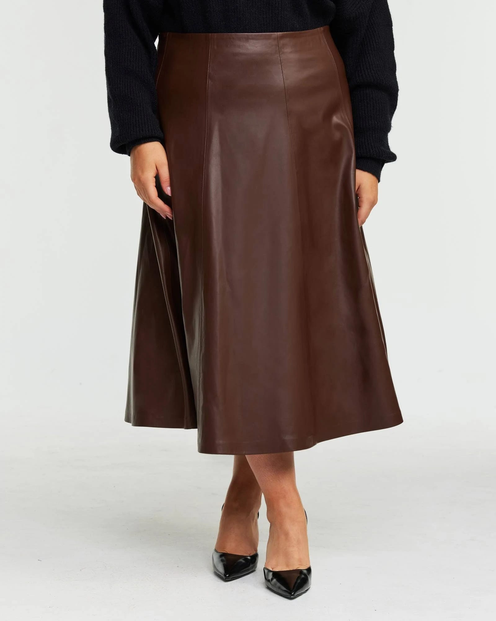 Chic Brown PU Leather Midi Skirt for Modern Fashion | Image