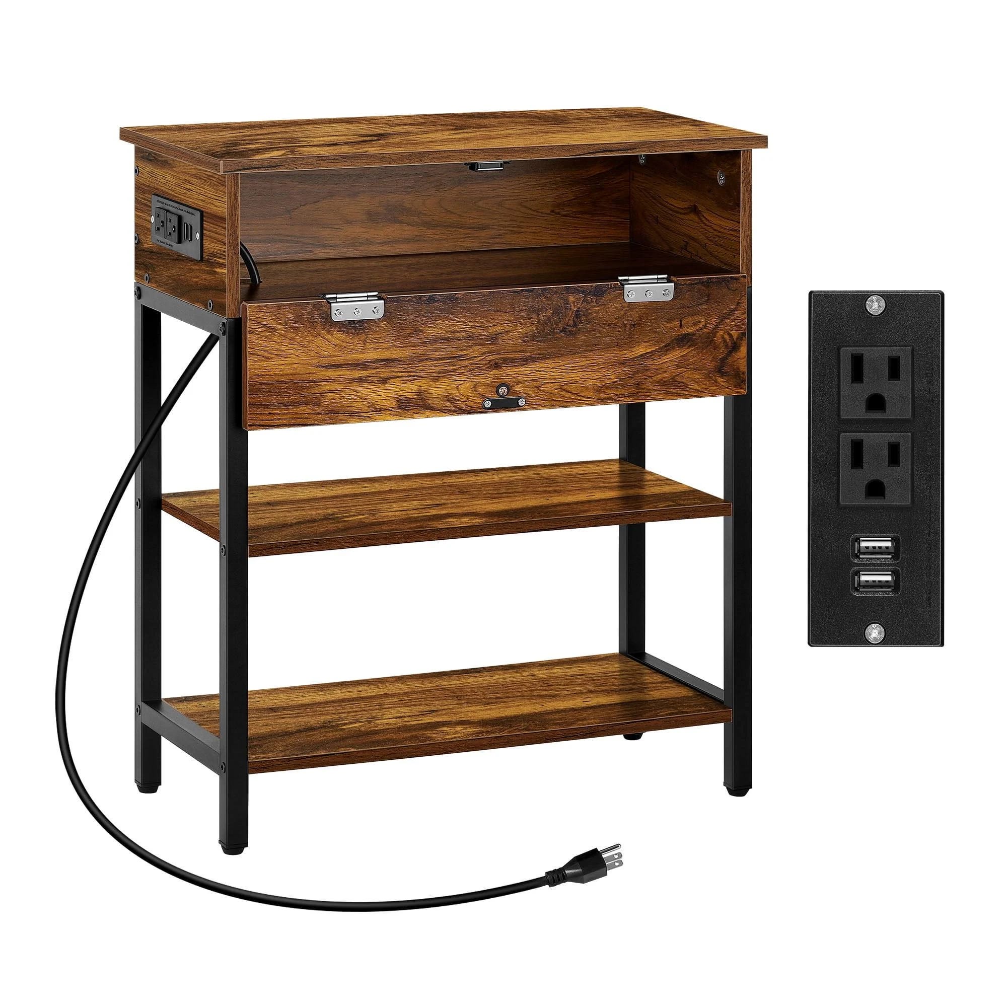 Industrial Narrow End Table with Storage and Charging Options | Image