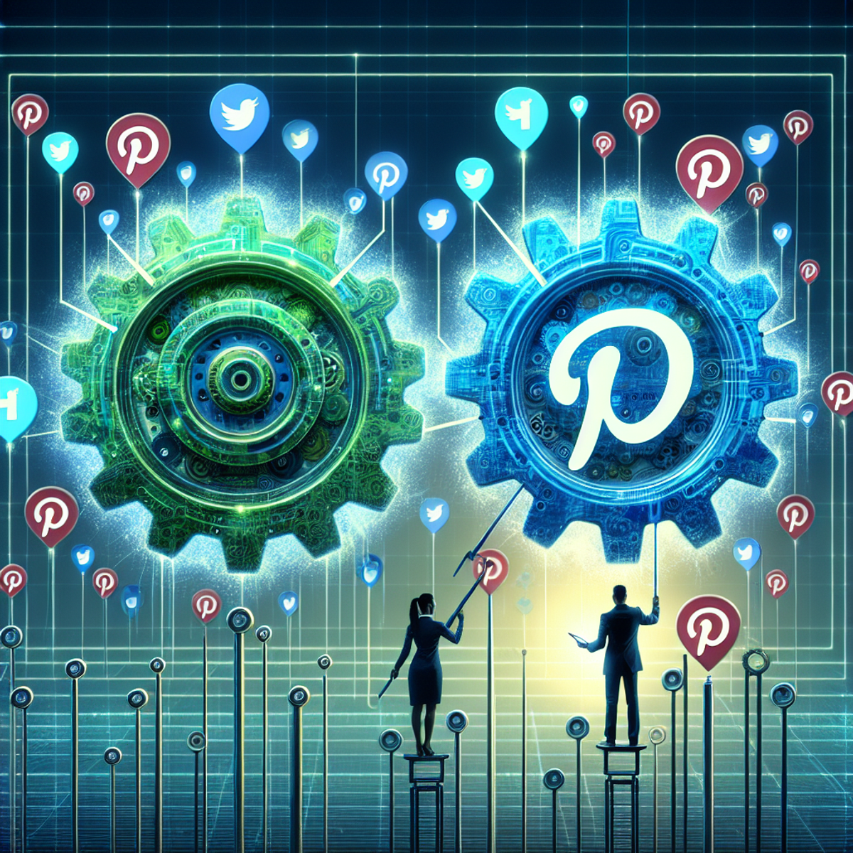 A digital illustration of two gears, one in vibrant green and the other in dynamic blue, representing automation in Pinterest marketing. The background features a digital space with scattered Pinterest pins, symbolizing order and profusion. A Black female is efficiently coordinating the tools while an East Asian male is monitoring the process, symbolizing the human element in automation.