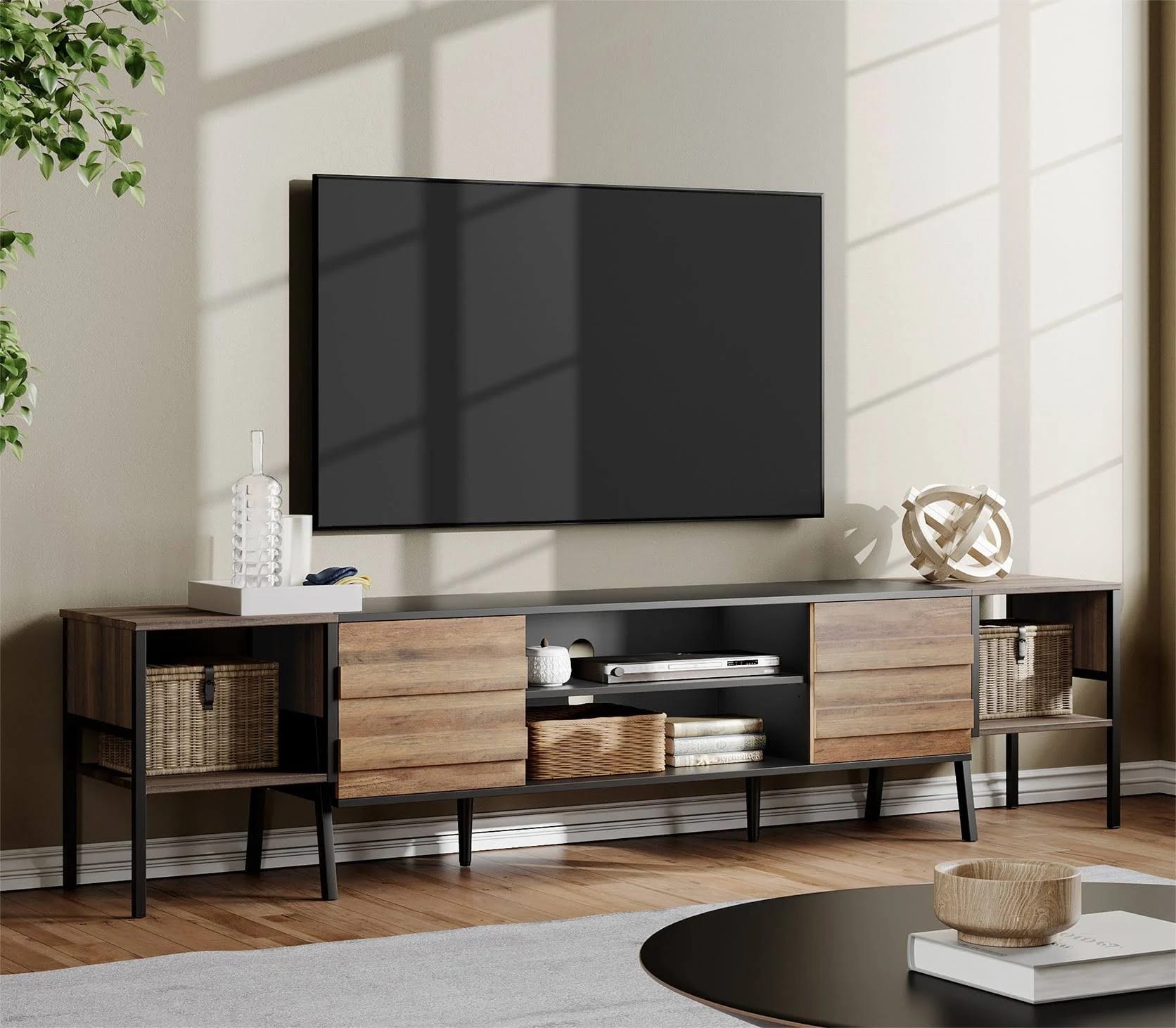 Brown 90 Inch TV Console Table with 8 Spacious Shelves | Image