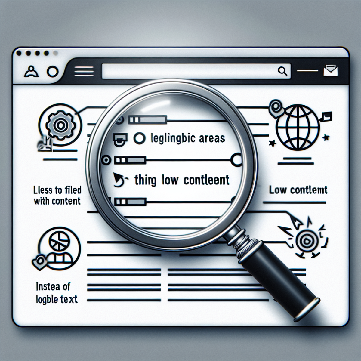 A magnifying glass hovering over a webpage with highlighted areas of low content.