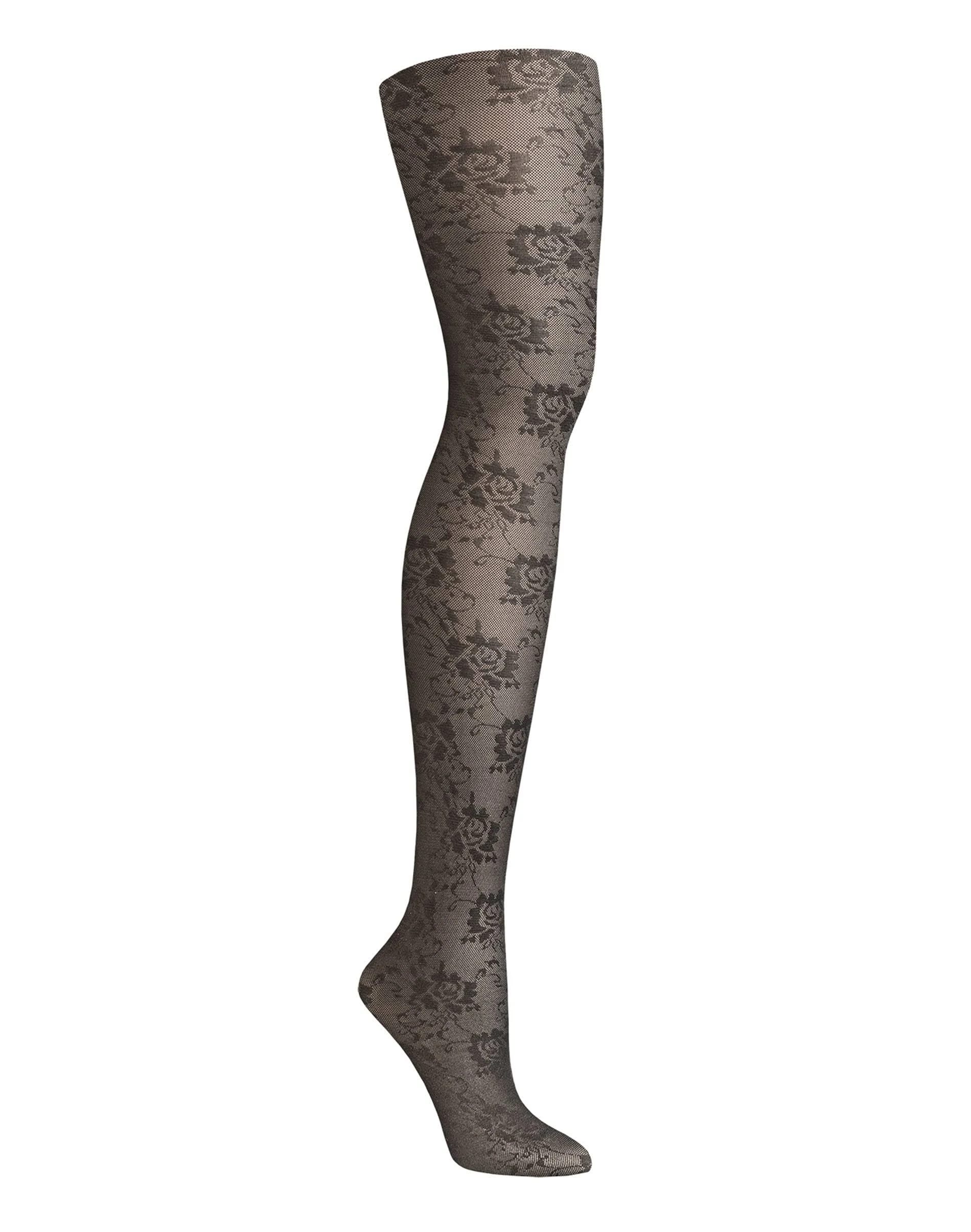 Elegant Black Floral Lace Control Top Tights | Image