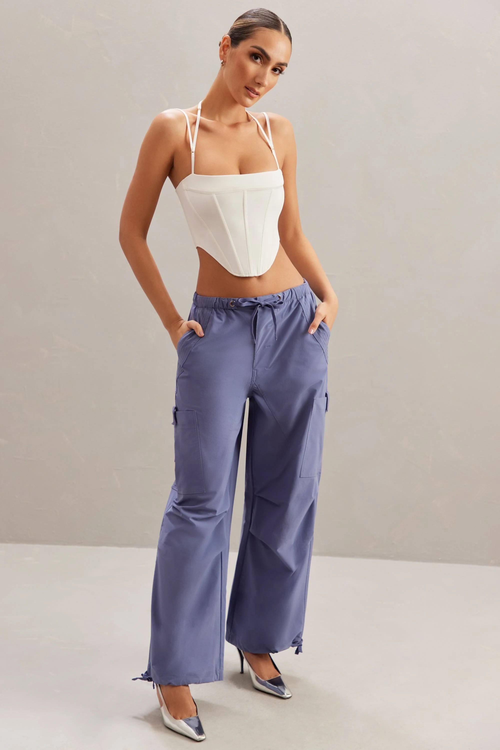 Wide Leg Blue Cargo Pants with Functional Pockets | Image