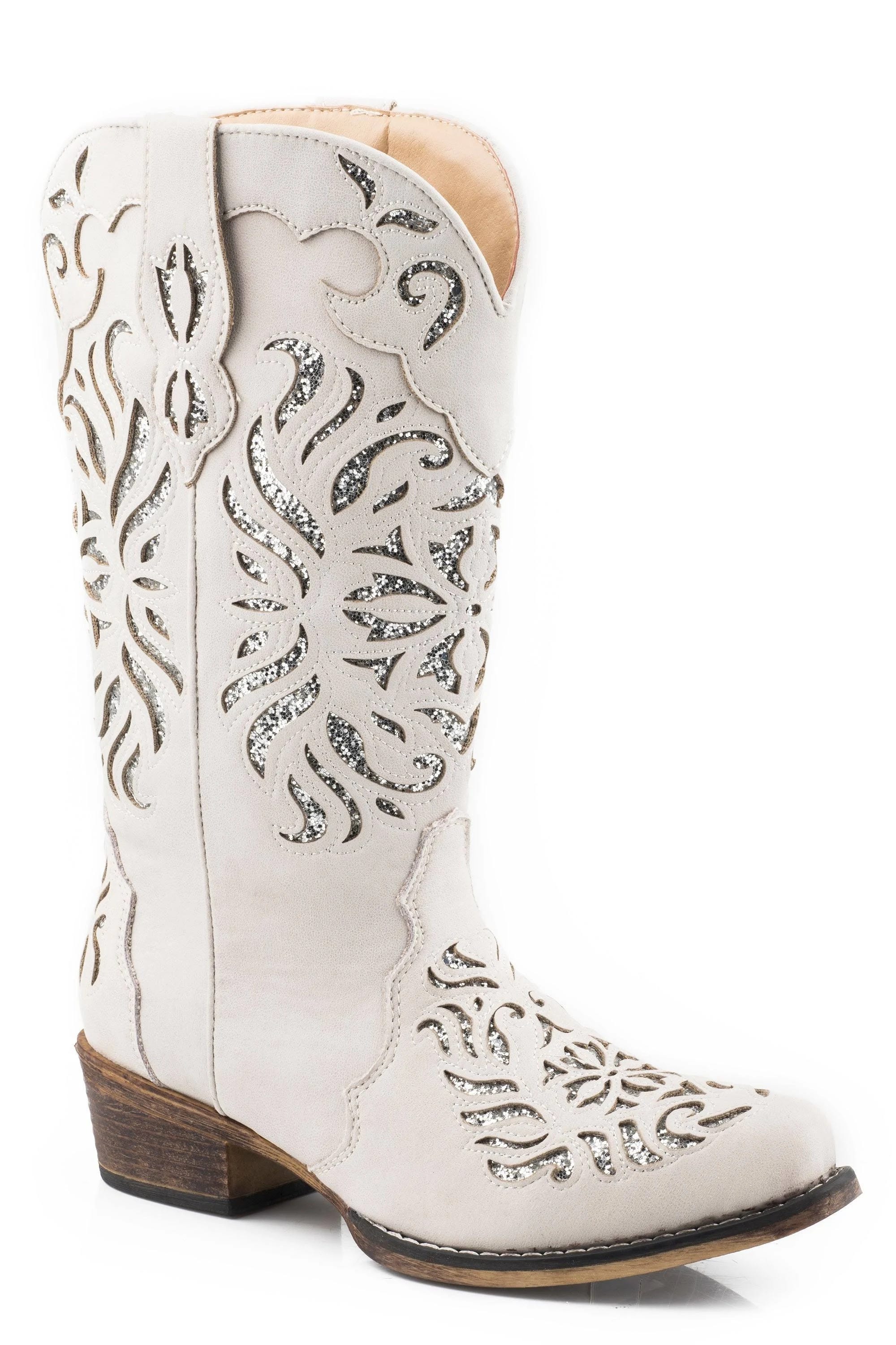 Glamorous Western Snip Toe Boots - White Leather & Glitter Inlay | Image