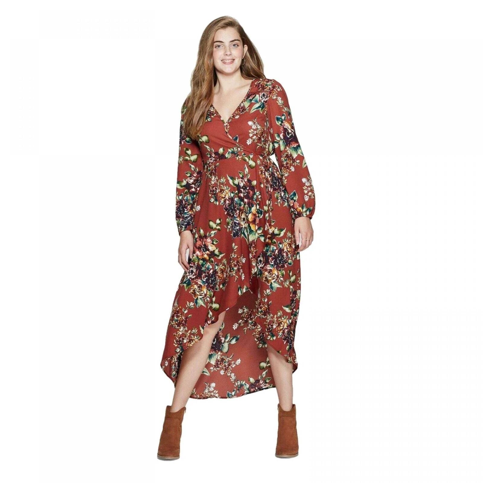 Xhilaration Floral Print Long Sleeve Wrap Midi Dress in Rust Brown | Image