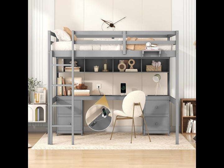 full-size-loft-bed-with-desk-cabinets-drawers-and-bedside-tray-charging-station-grey-1