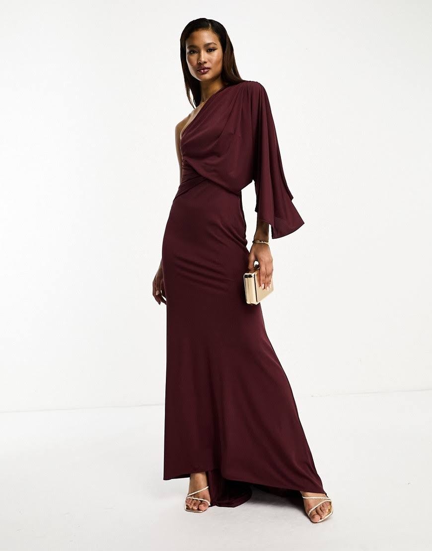 Violet Draped Maxi Dress with One-Shoulder Style | Image