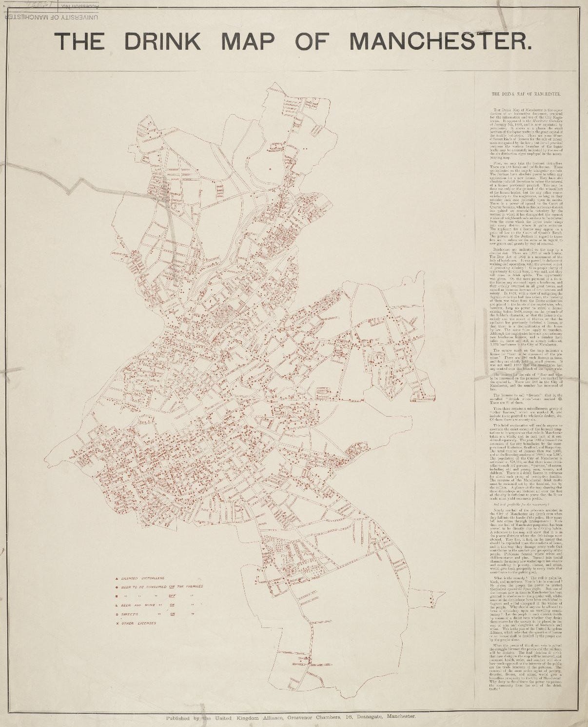 A map of Manchester showing distribution of liquor outlets across the city accompanied by text written by Temperance Movement