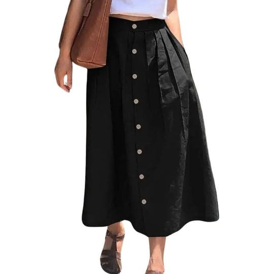 chouyatou-womens-high-waisted-button-front-skirt-a-line-pleated-cotton-midi-long-skirt-with-pockets-1