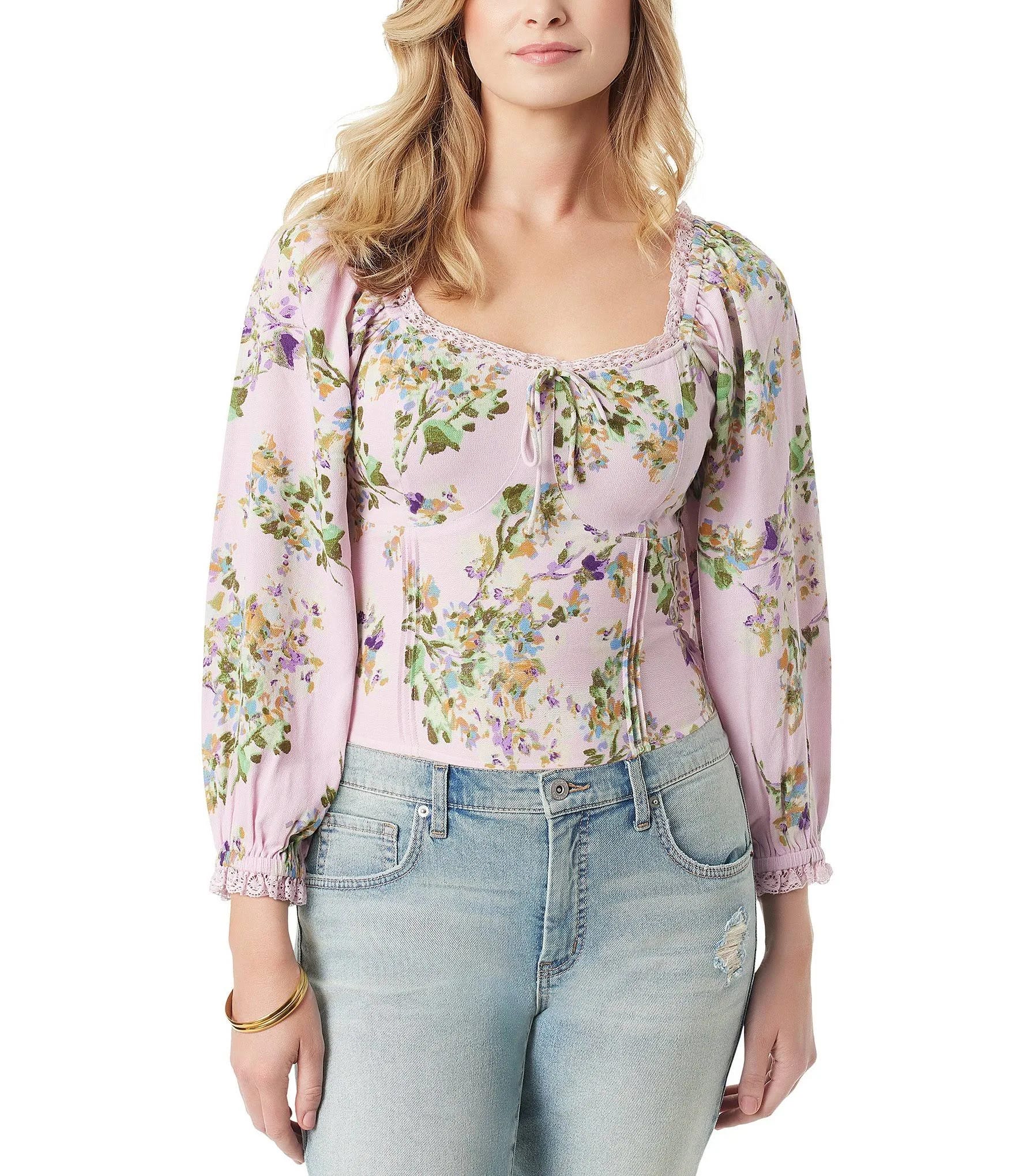 Jessica Simpson Floral Print Long Sleeve Corset Top - M | Image