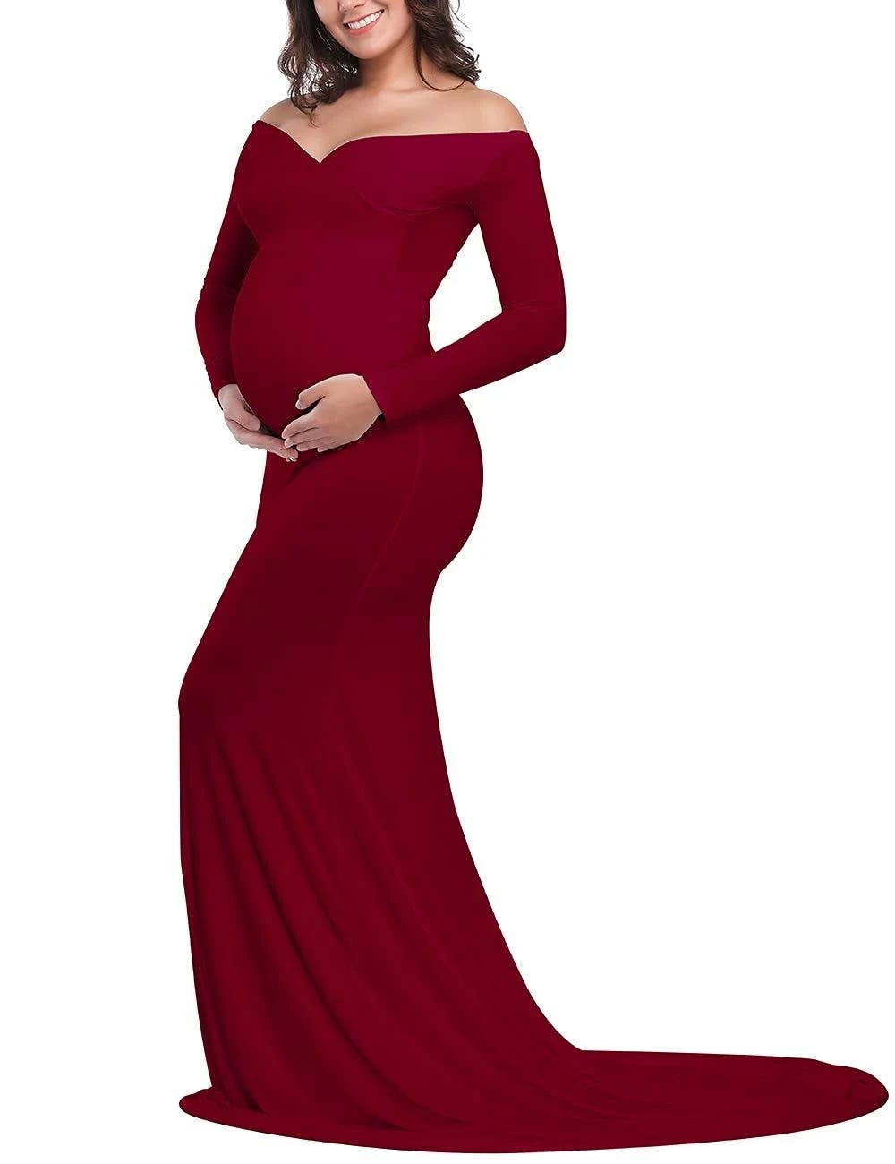 Red Maternity Maxi Dress with Long Sleeves | Image
