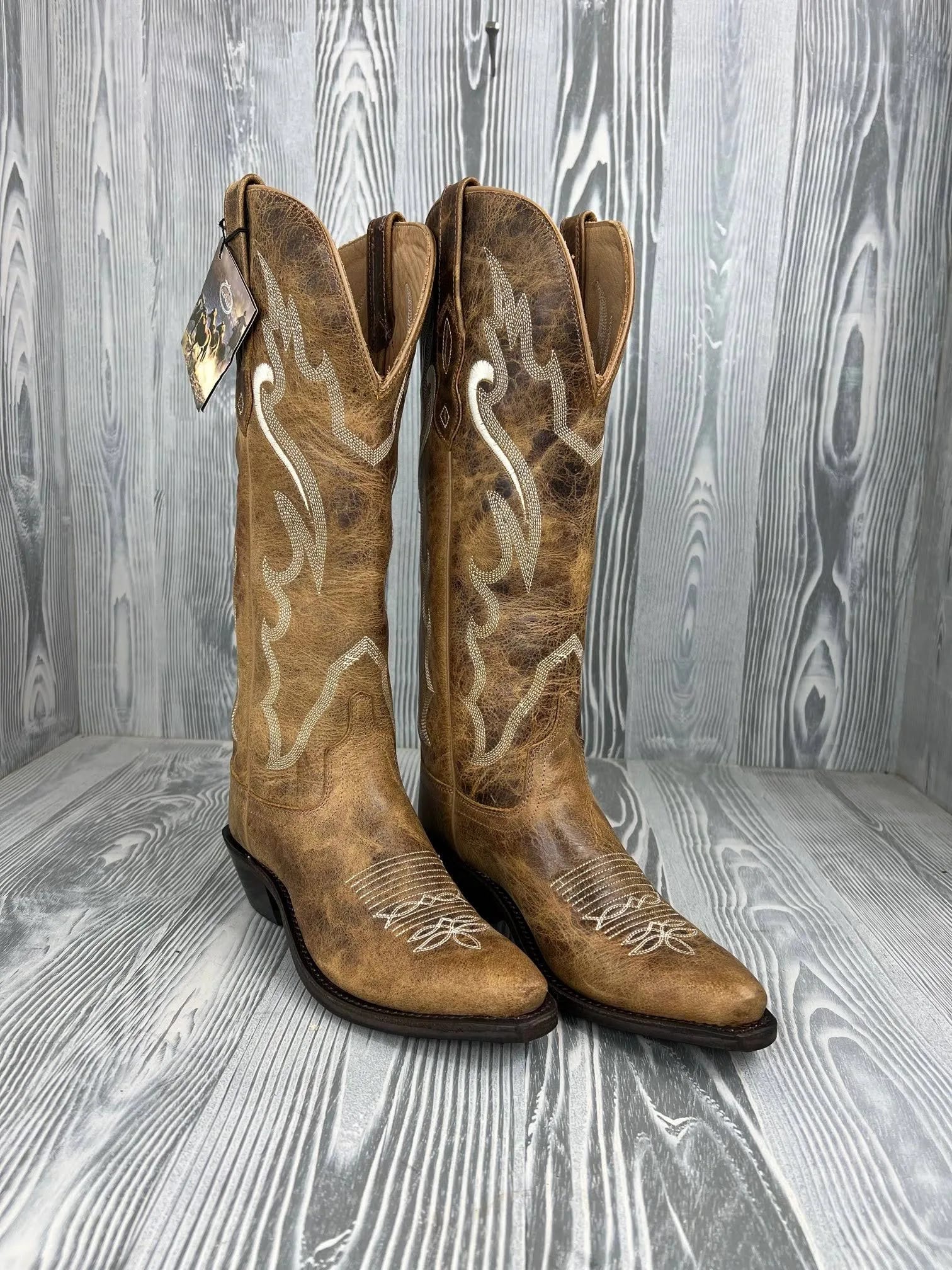 Snip Toe Western Cowboy Boots for Women: Burnt Tan Leather and Leather Outsole | Image