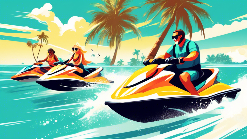 A family riding jet skis on a bright sunny day in Florida, with palm trees and a beach in the background.