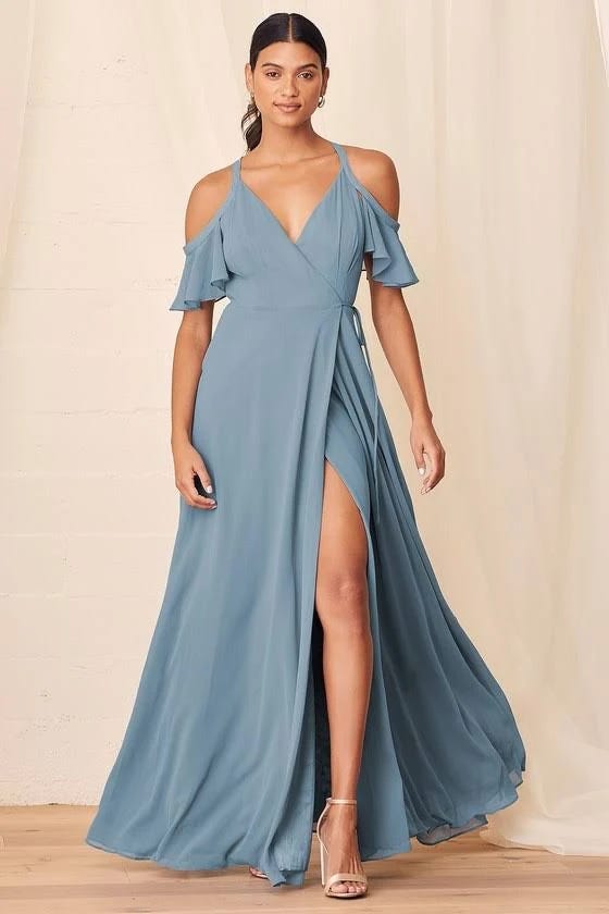 Slate Blue Cold-Shoulder Wrap Maxi Dress from Lulus - Stylish and Comfortable | Image