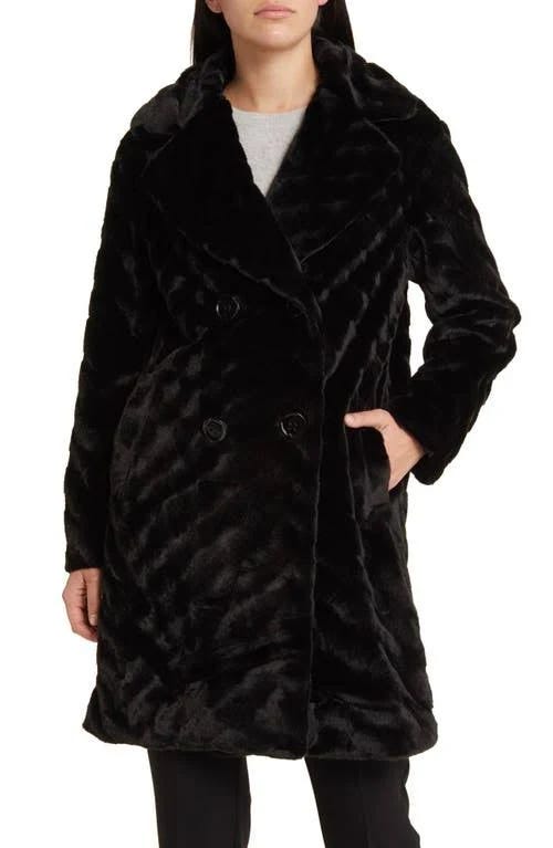 Black Double Breasted Faux Fur Coat with Recycled Insulation | Image