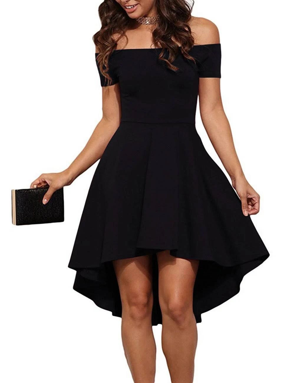 Off the Shoulder High Low Skater Dress - Luxurious Summer Party Look | Image