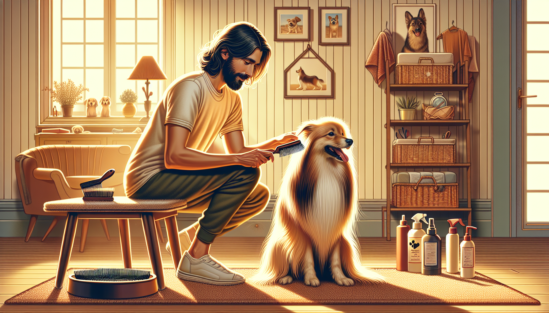 Create an illustration of a long-haired dog being groomed in a cozy home setting. The scene should include a loving pet owner gently brushing the dog