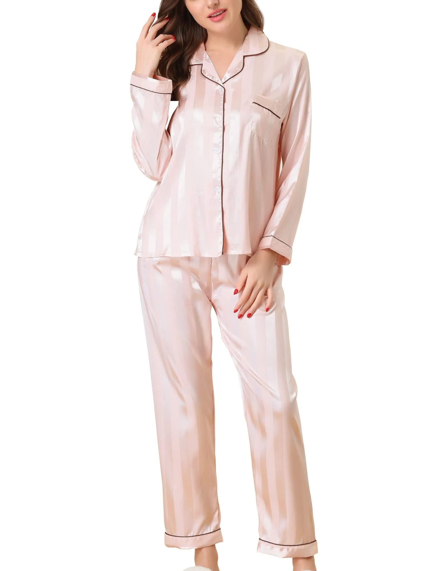 Luxurious Pink Satin Pajamas Set with Elastic Waist | Image