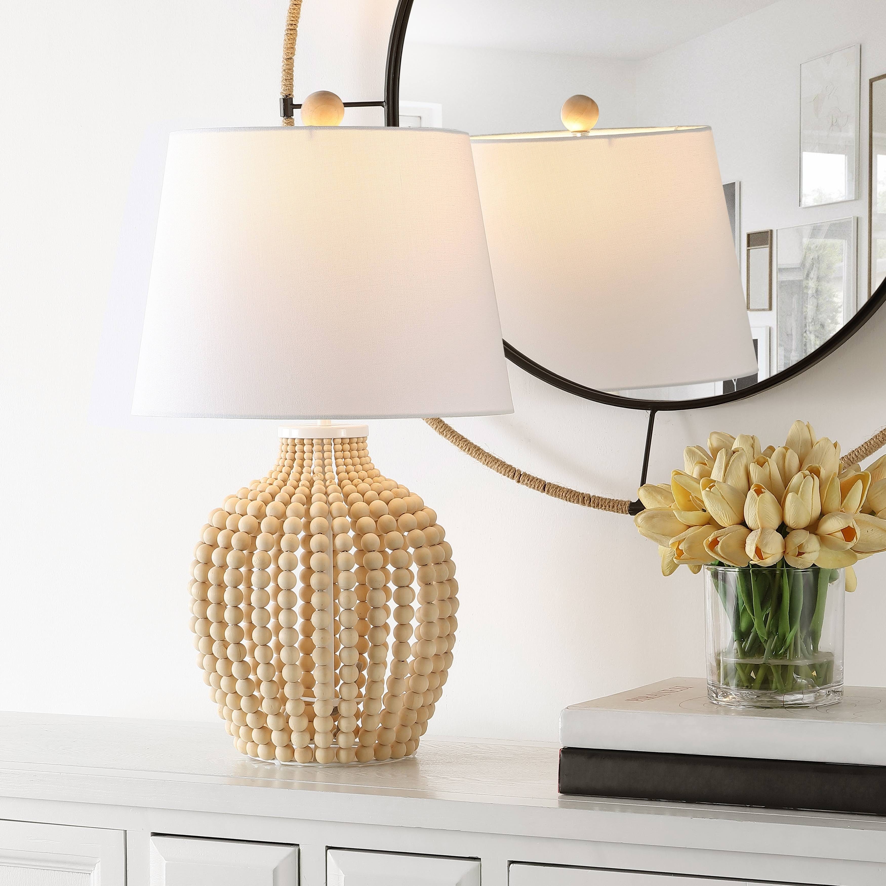 Eclectic Coastal Cool Decorative Wood Bead Table Lamp | Image