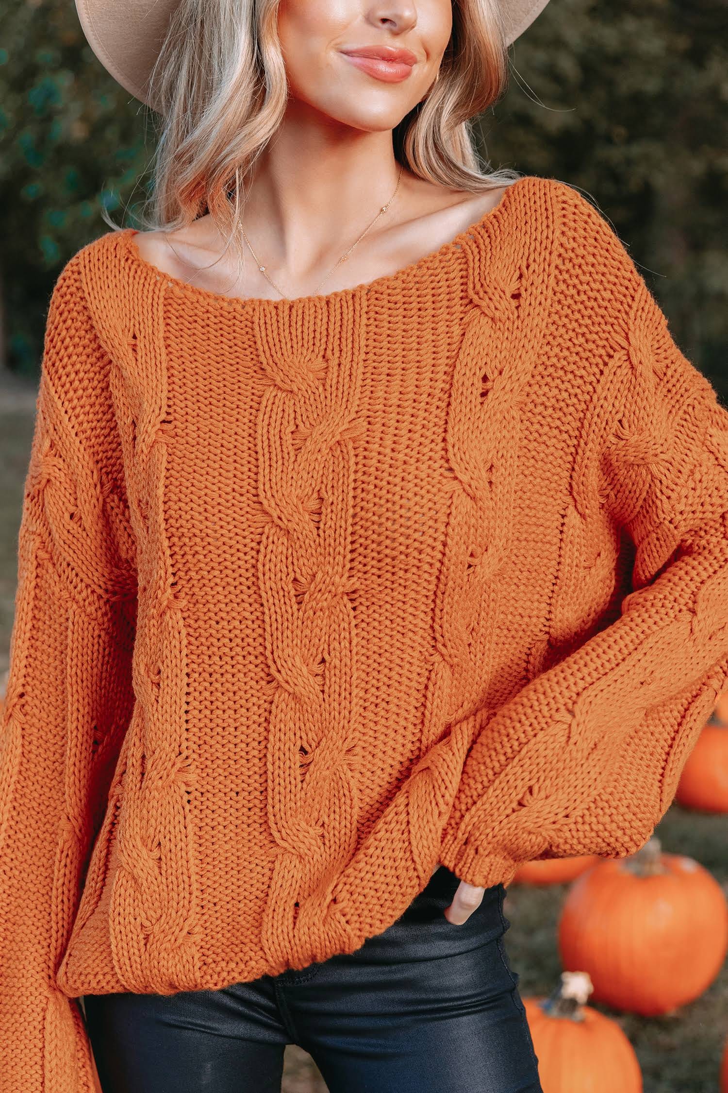 Cream Cable Knit Drop Sleeve Sweater in Orange | Image