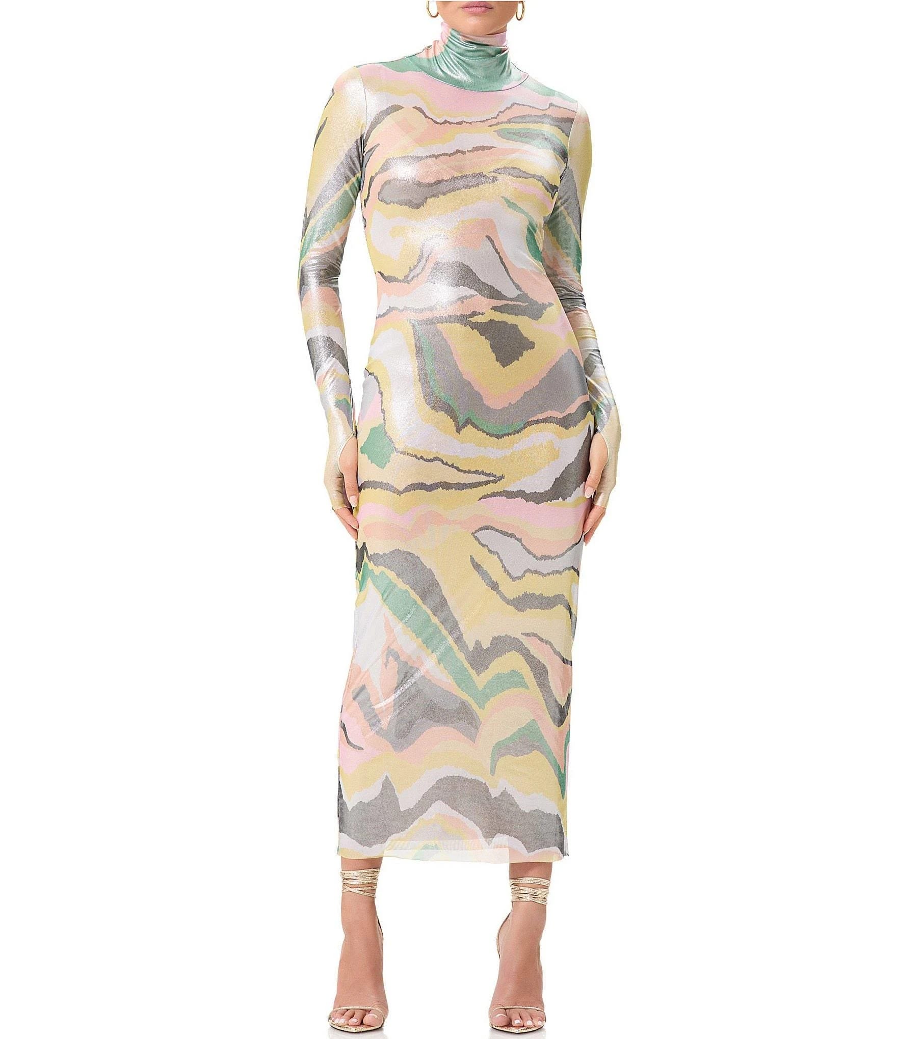 Stylish Metallic Power Mesh Midi Dress with Turtleneck & Slip | Image