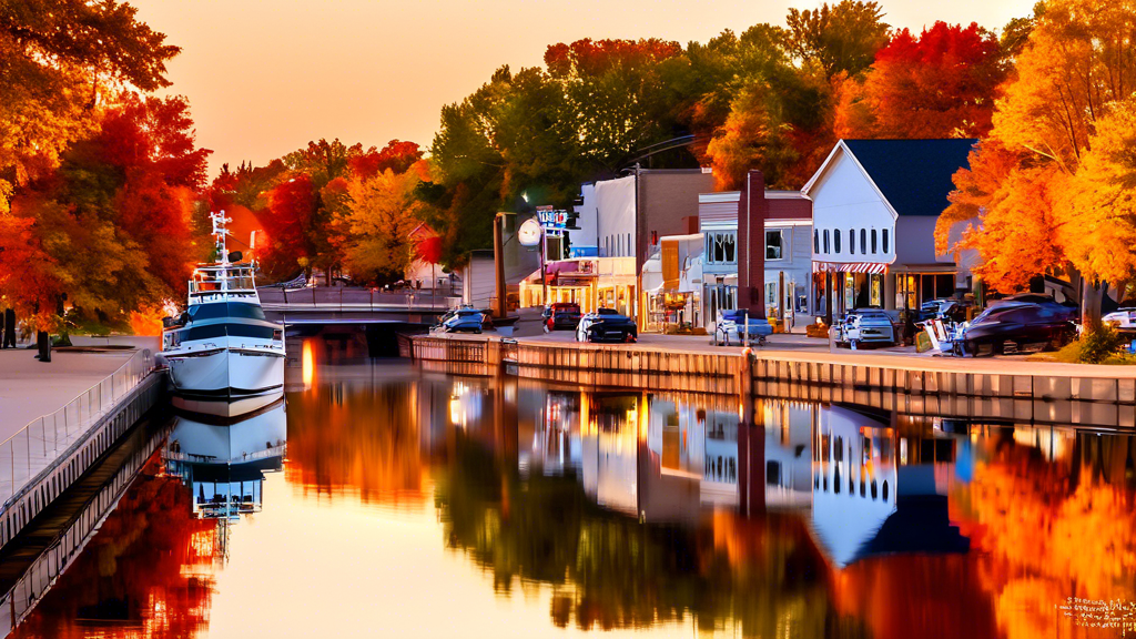 Create an inviting and picturesque scene of Marinette, Wisconsin during a serene sunset. Depict a charming, small-town atmosphere with historic buildings, quaint streets, colorful fall foliage, and the serene waters of the Menominee River. Include a few locals enjoying the scenic beauty, walking dogs, or sitting at outdoor cafes, capturing the essence of camaraderie and tranquility.