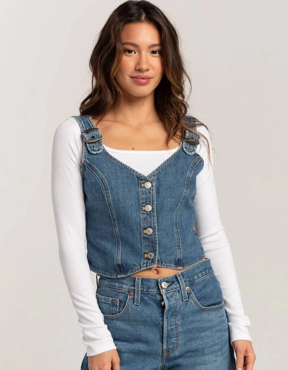 Levi's Dark Wash Charlie Denim Crop Top: Perfect Match for High-Rise Skinny Jeans | Image
