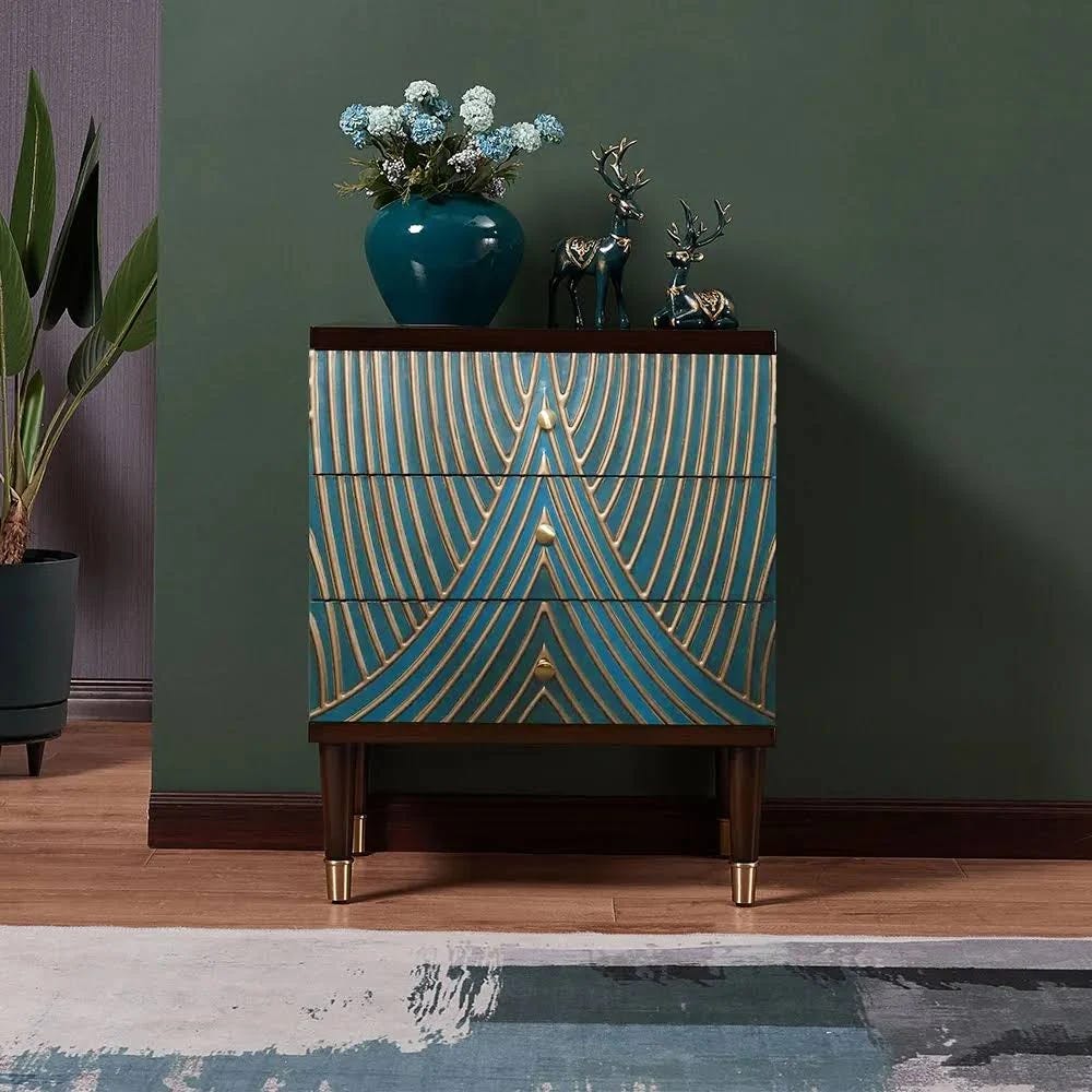 Blue Modern 3-Drawer Chest with Gold accents | Image