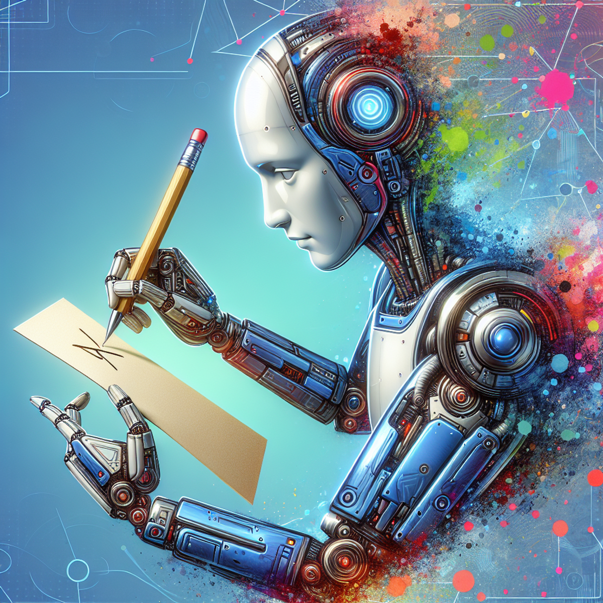 A futuristic AI robot holding a pen and paper, blending creativity and efficiency.