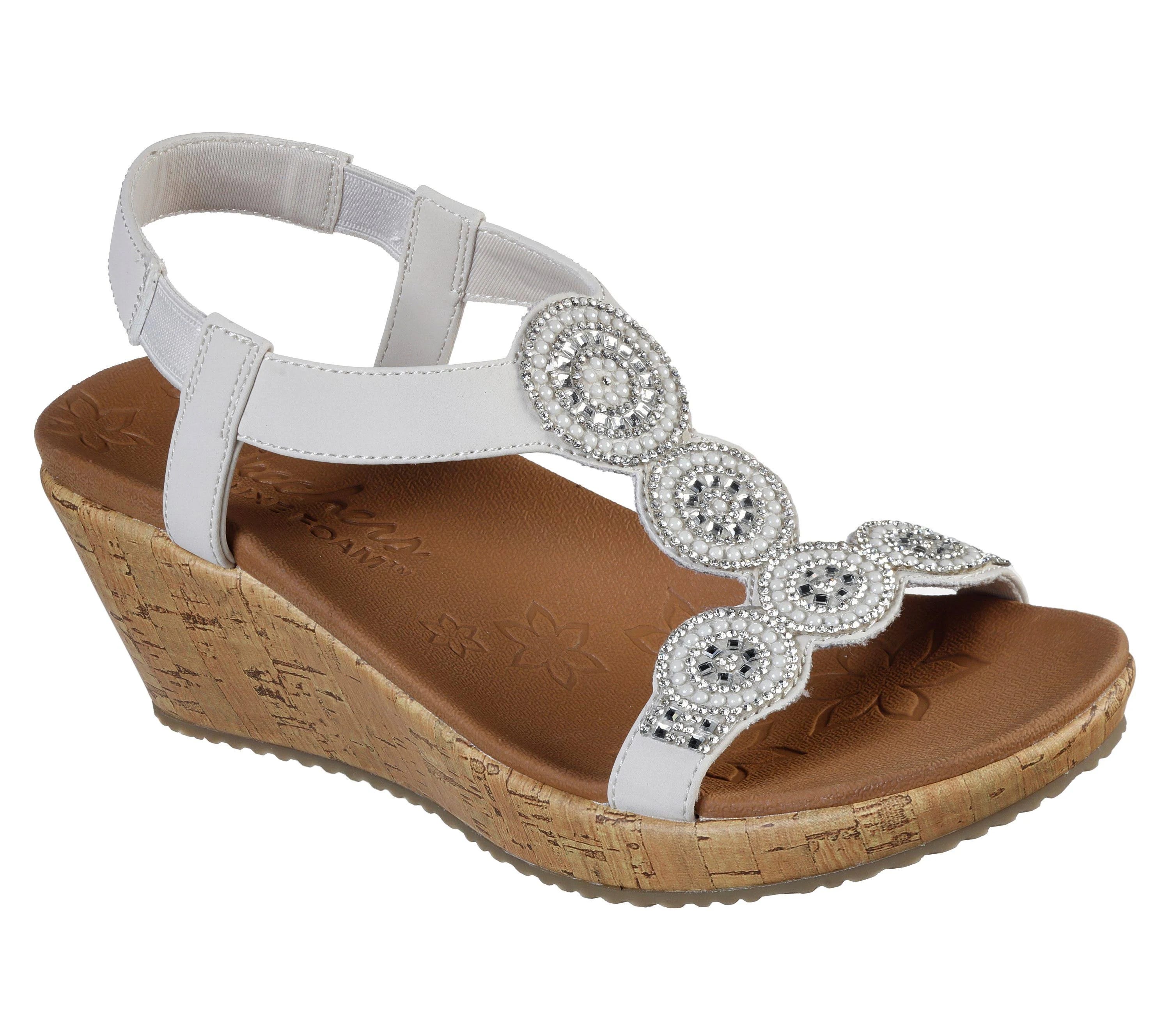 Stylish White Wedge Sandals with Rhinestone Accents | Image