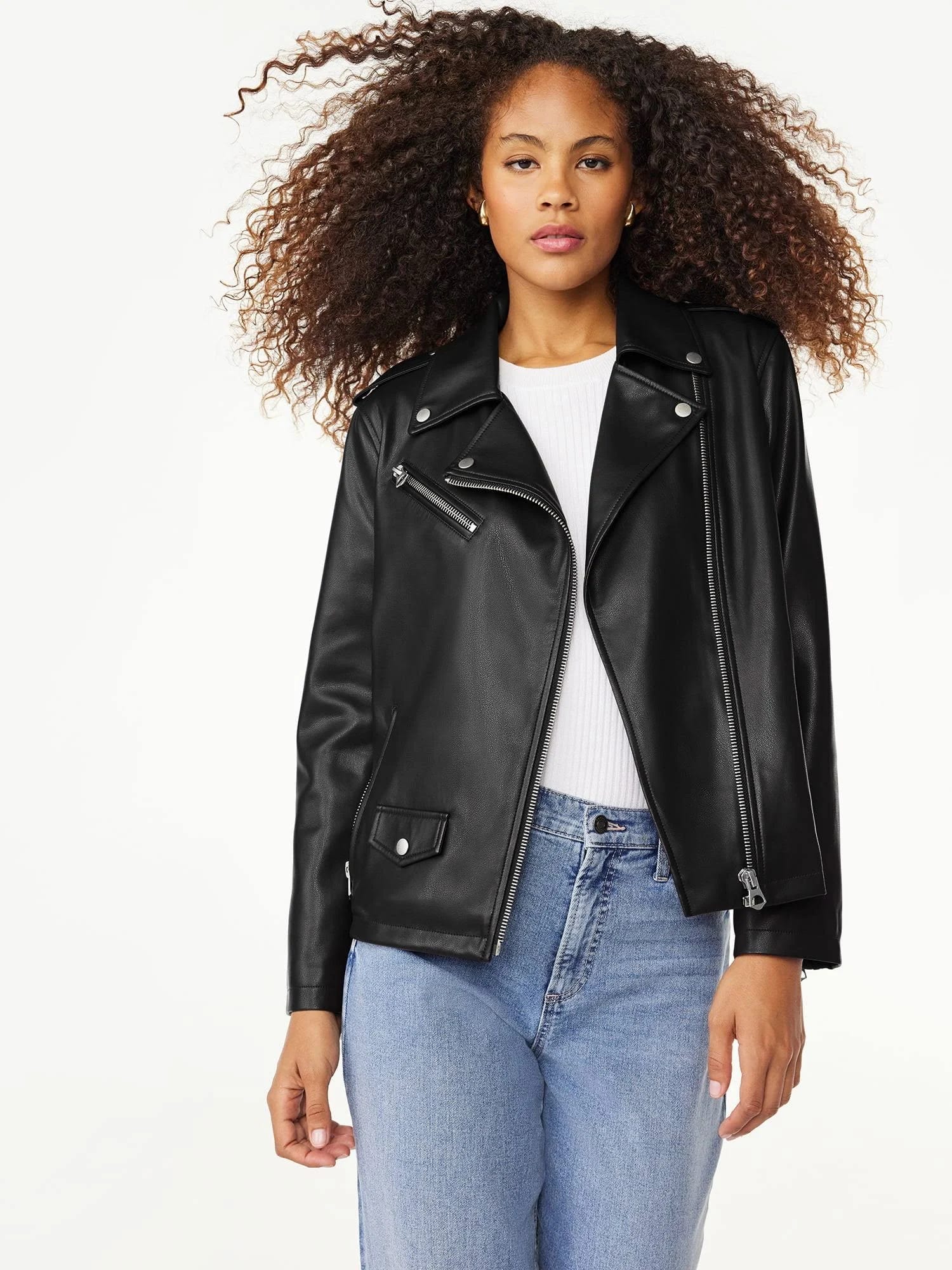 Scoop's Luxe Faux Leather Moto Jacket: Timeless Biker Style in Black | Image