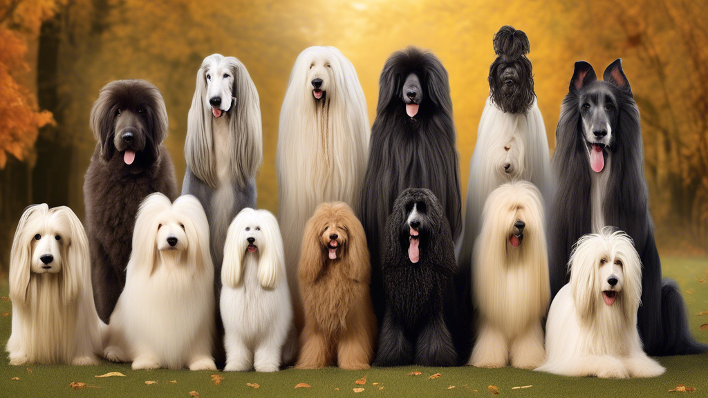 Create an image of a diverse lineup of the top big dog breeds with long, flowing hair, showcasing their majestic and regal appearances. Include breeds such as Afghan Hounds, Old English Sheepdogs, and Leonbergers, each displaying their unique charm and elegance. The dogs should be pictured in a natural setting, highlighting their long, beautiful coats and their impressive size.