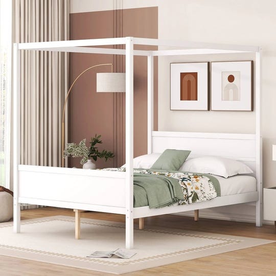 white-modern-pine-wood-canopy-bed-headboard-footboard-under-bed-storage-queen-size-1