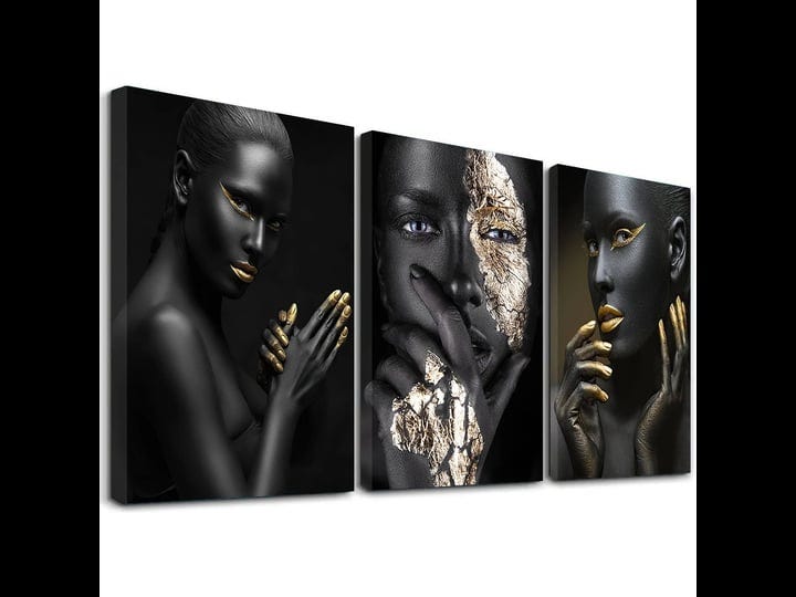 sdmikeflax-black-gold-african-american-woman-canvas-wall-art-3-piece-set-golden-print-picture-mural--1