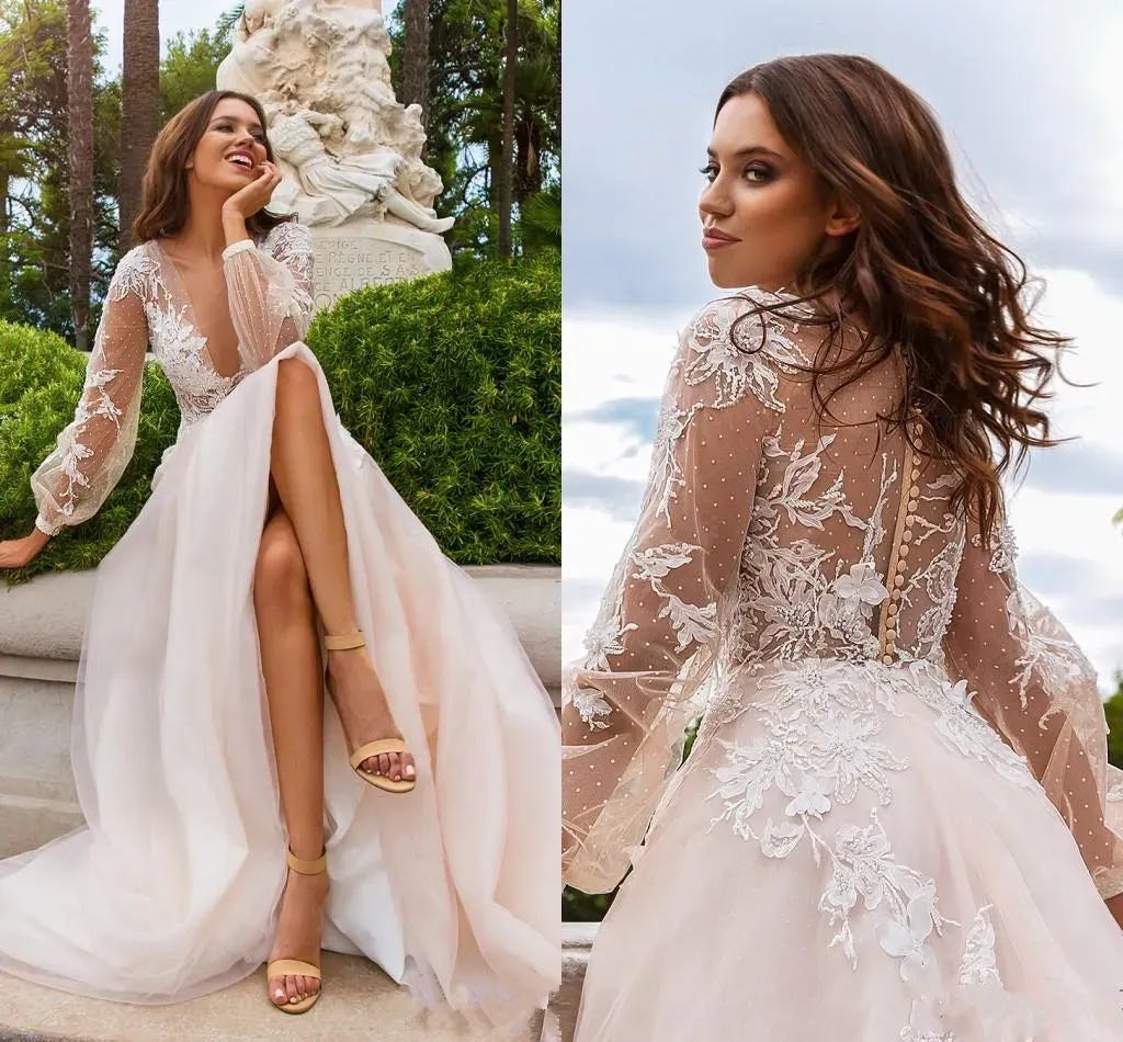 New 2024A line wedding dress with long sleeve decal sexy deep V-neck see behind the beach garden bridal dress plus size