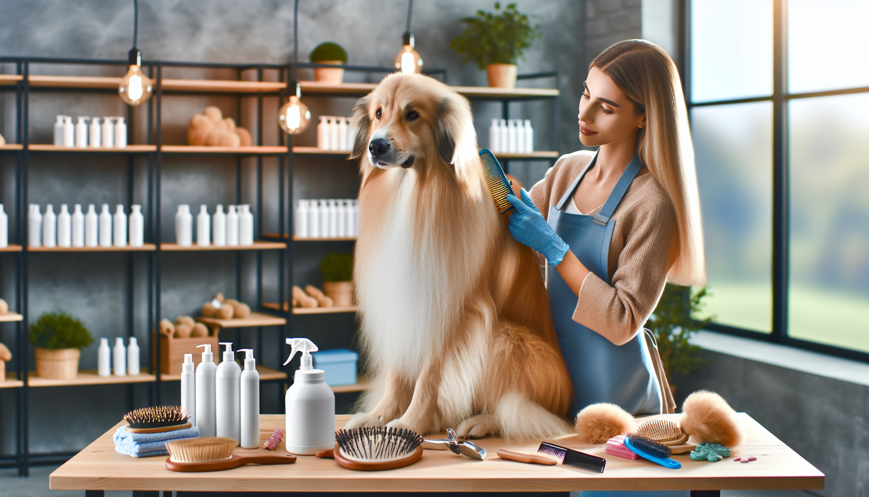 DALL-E prompt: A cozy scene featuring a long-haired dog with silky, flowing fur being gently groomed by its owner using specialized brushes and combs. Nearby, shelves stocked with a variety of professional grooming products are visible. In the background, a calm, well-lit veterinary clinic environment hints at the importance of regular check-ups. The overall theme should emphasize solutions and preventive measures for common long hair dog issues like shedding, matting, and skin conditions, showcasing a loving and caring approach to pet management.