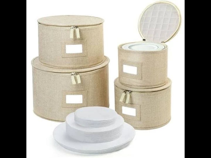 lotfancy-4pcs-china-storage-containers-for-plate-dinnerware-hard-shell-beige-quilted-linen-1