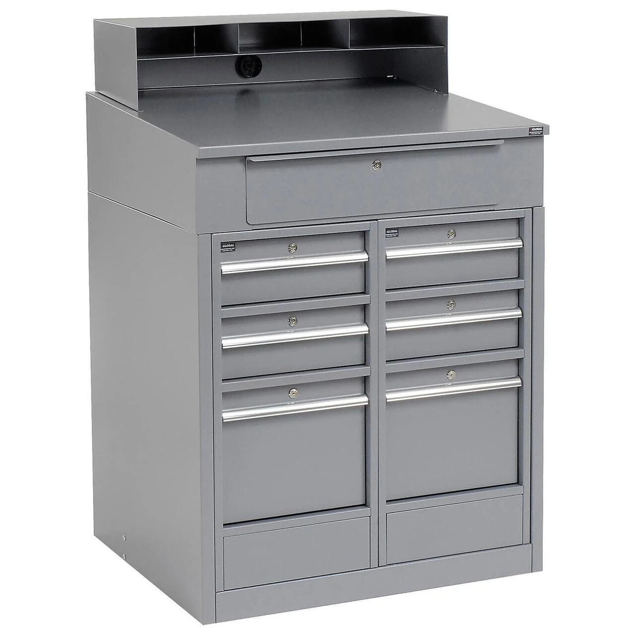 Stylish 7-Drawer Steel Shop Desk with Wide Writing Surface and Pigeonhole Organizer | Image