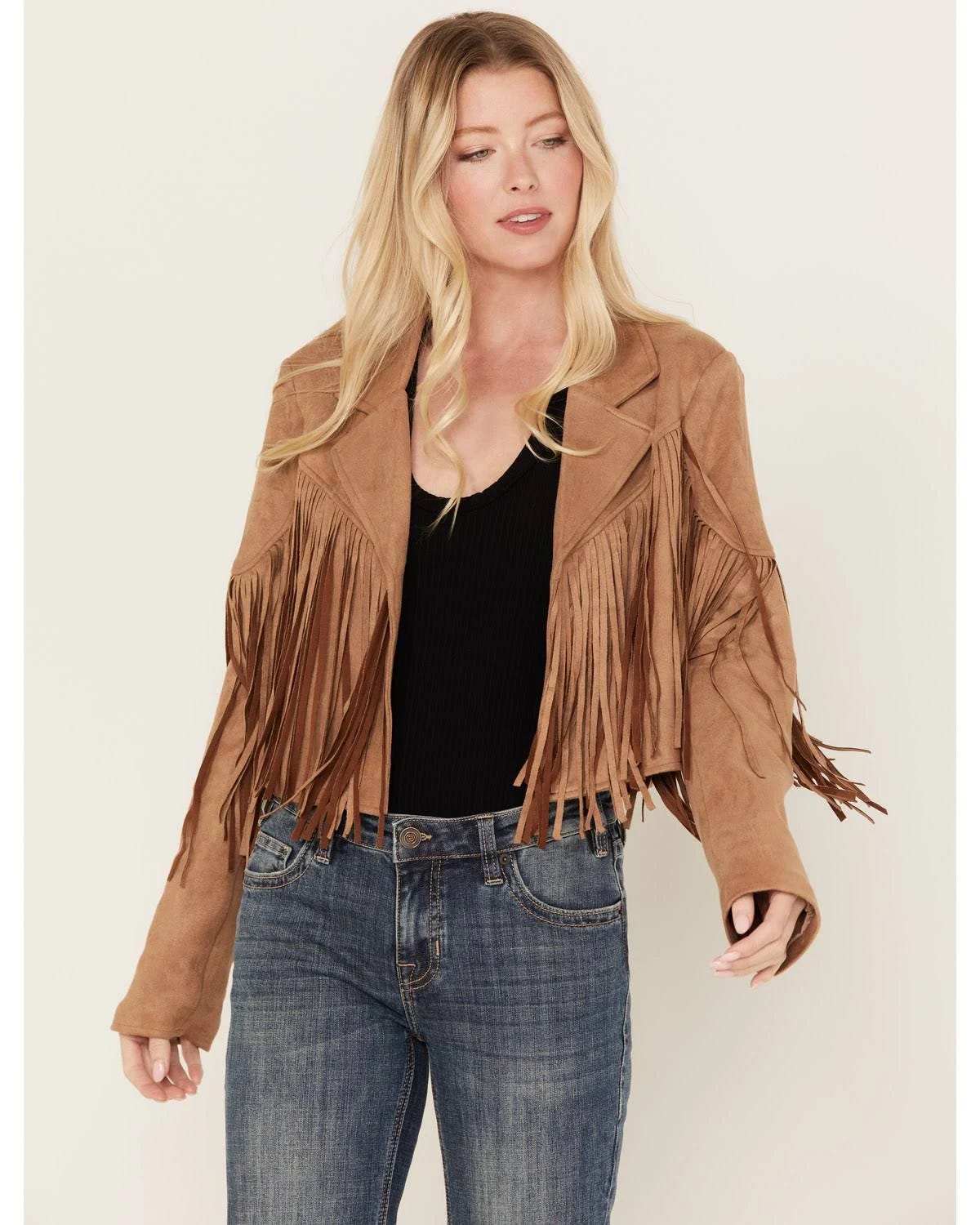 Faux Suede Cropped Fringe Jacket in Tan | Image