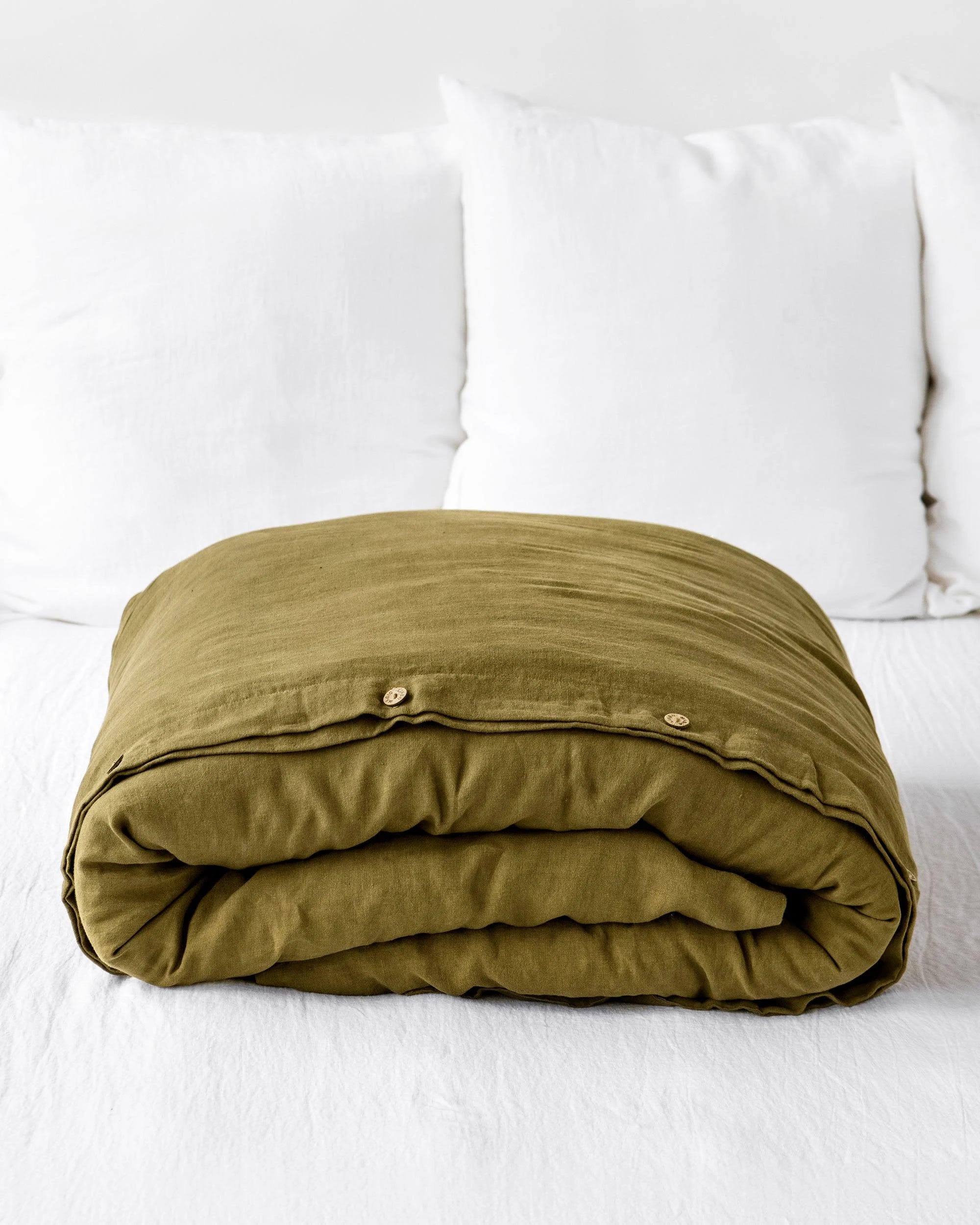 Urban Outfitters: Stylish MagicLinen Olive Green Twin Duvet Cover | Image