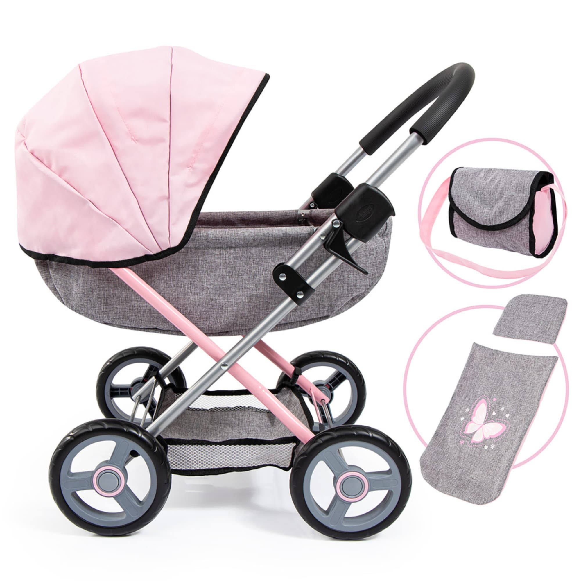 Grey Bicolored Frame Baby Doll Pram with Shopping Basket and Shoulder Bag | Image