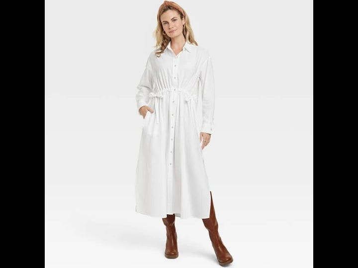 womens-long-sleeve-cinch-waist-maxi-shirtdress-universal-thread-white-l-1