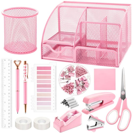 11-pcs-pink-office-supplies-set-mesh-desk-organizer-accessories-kit-include-stapler-tape-dispenser-s-1