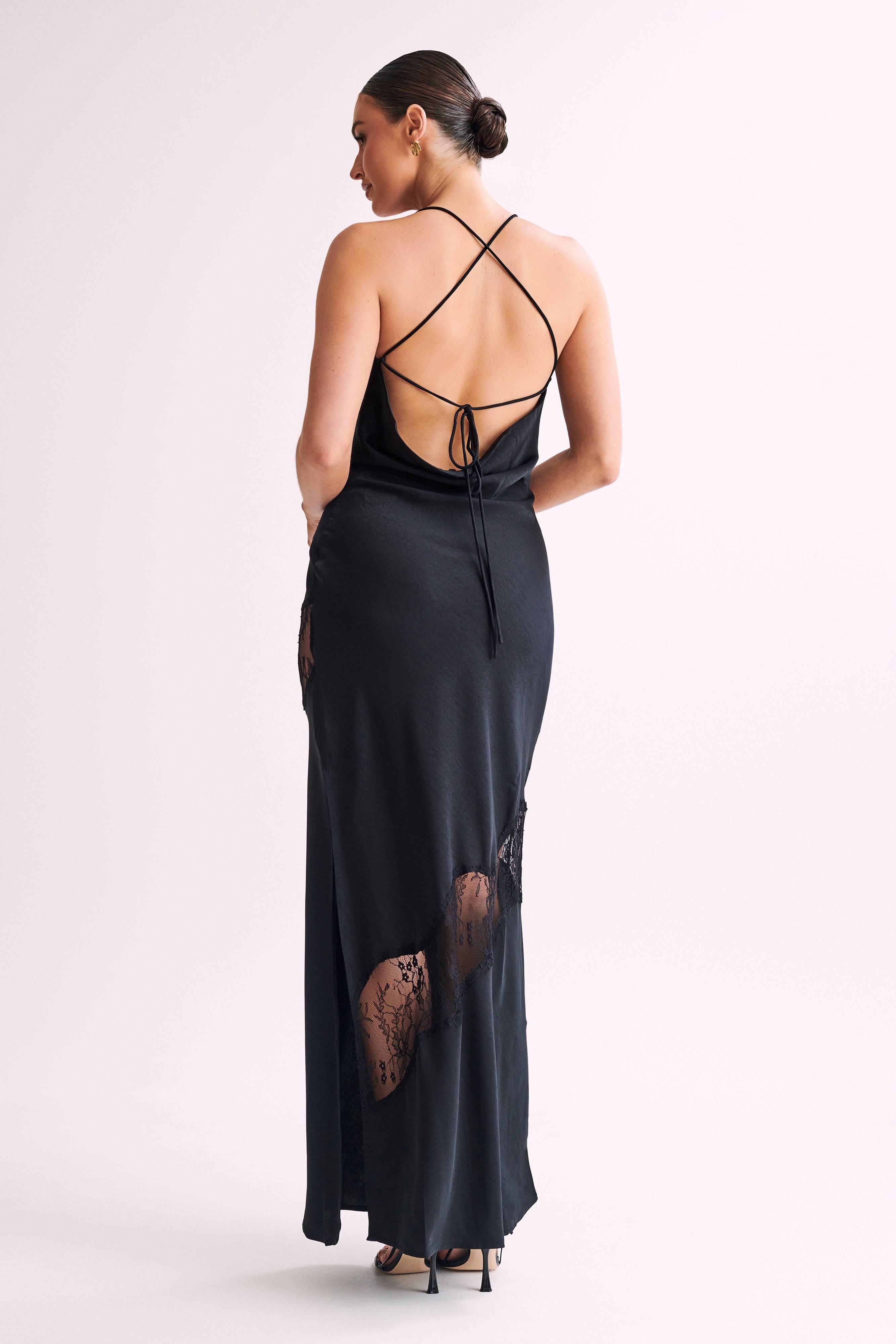 Chandra Lace Satin Maxi Dress Black: Elegant, Long, and Romantic Outfit | Image