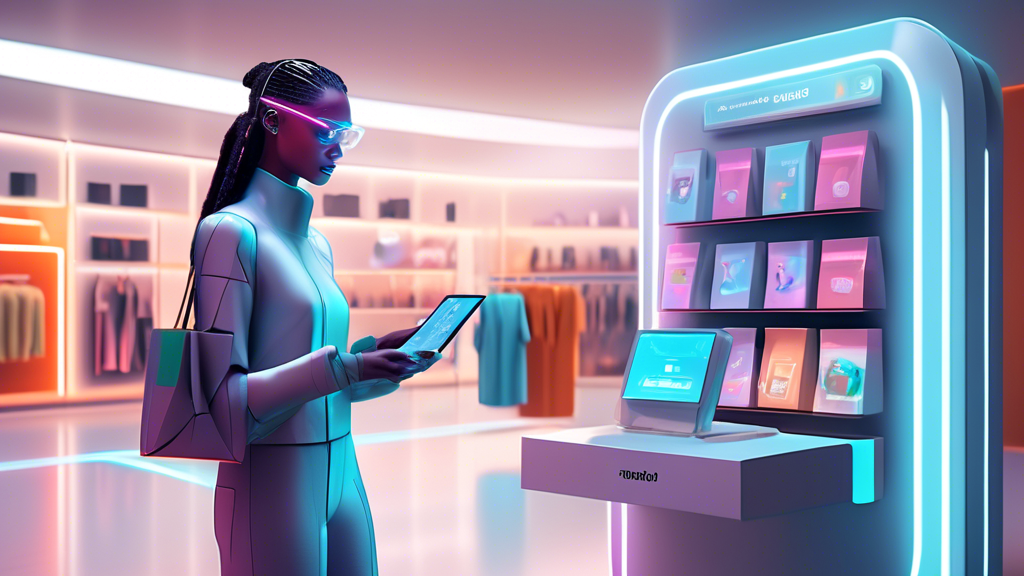 A futuristic personal shopper, Rufus, a humanoid AI assistant with a friendly face, helping a customer in an Amazon store, using augmented reality to show product information, make recommendations, and complete purchases. The store is sleek and modern, with holographic displays and interactive touchscreens.