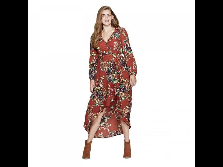 xhilaration-womens-floral-long-sleeve-deep-v-neck-high-low-wrap-midi-dress-rust-brown-s-1