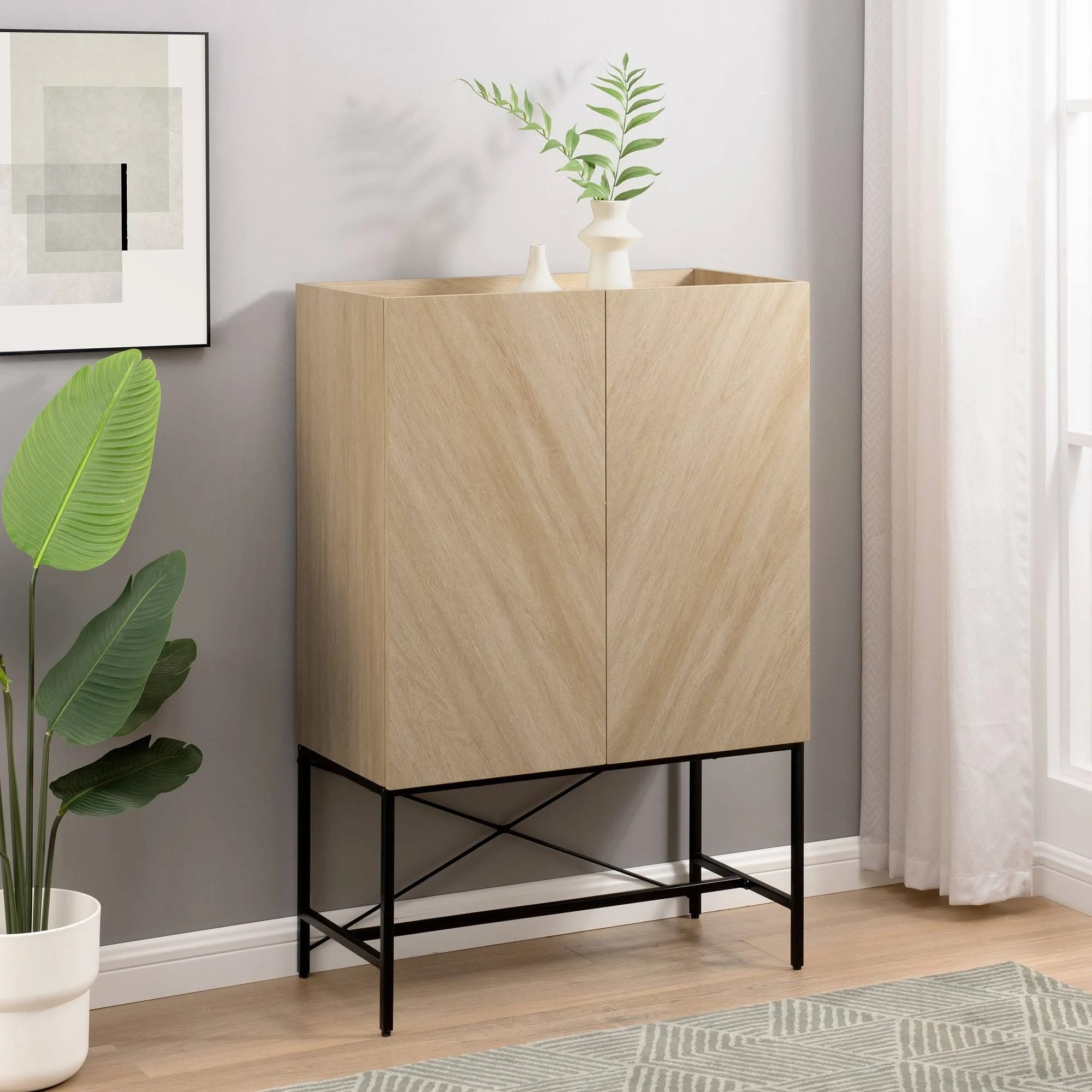 Contemporary Inset-Top 2-Door Coastal Oak Accent Cabinet for Entryway | Image