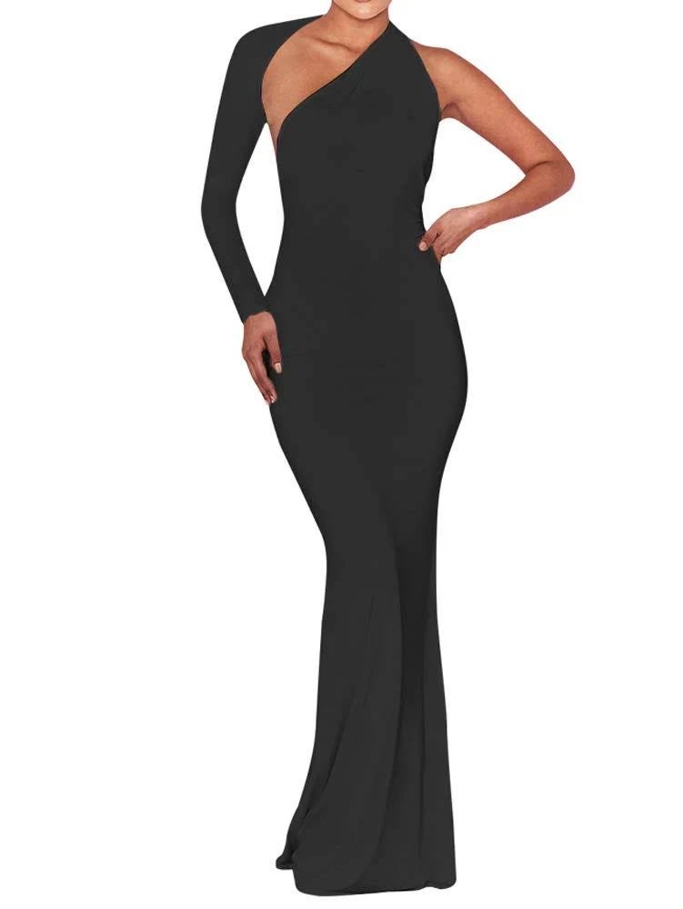 Elegant Black One-Shoulder Dress with Backless Design | Image